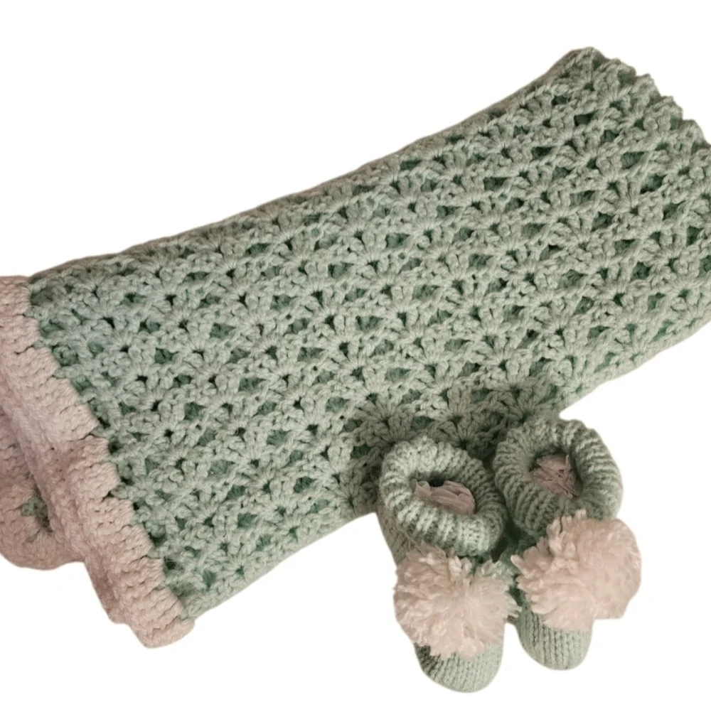 Handmade Mint White Crochet Baby Blanket Booties Set knit Tunisian Vintage Gift